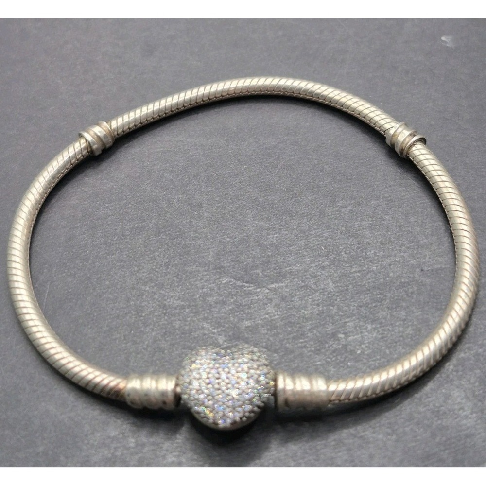 Vintage Sterling Silver 6.5'' Pandora CZ Heart Clasp Snake Chain Bracelet K1
